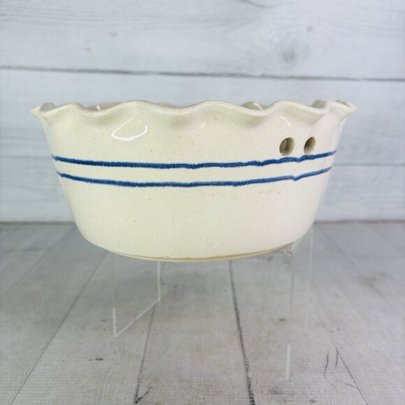 Clay Pen Pottery Beige Blue Pen Stripe Hand Crafted Creamic Bread Warming Bowl - Picture 6 of 15